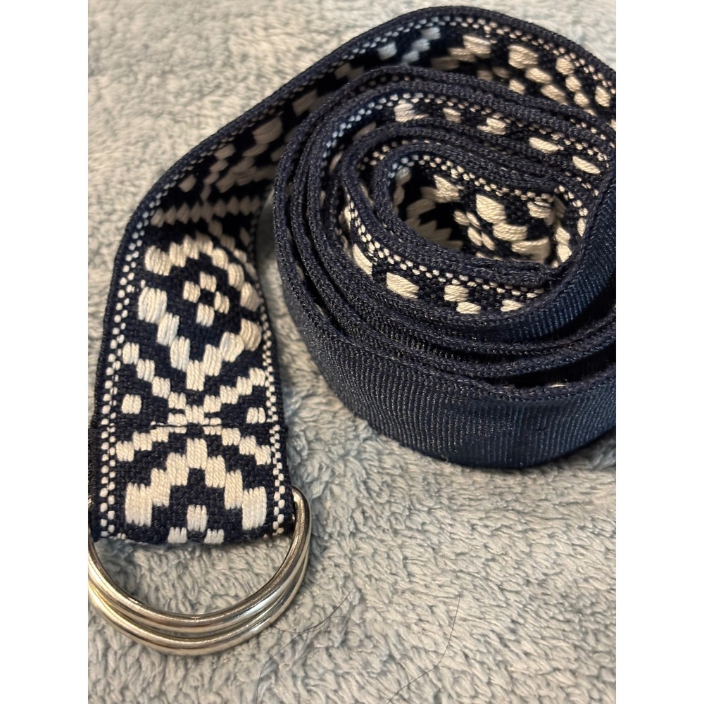 Navy White Geometric Woven D-Ring Belt Silver Buckle Size 16 Boho Canvas